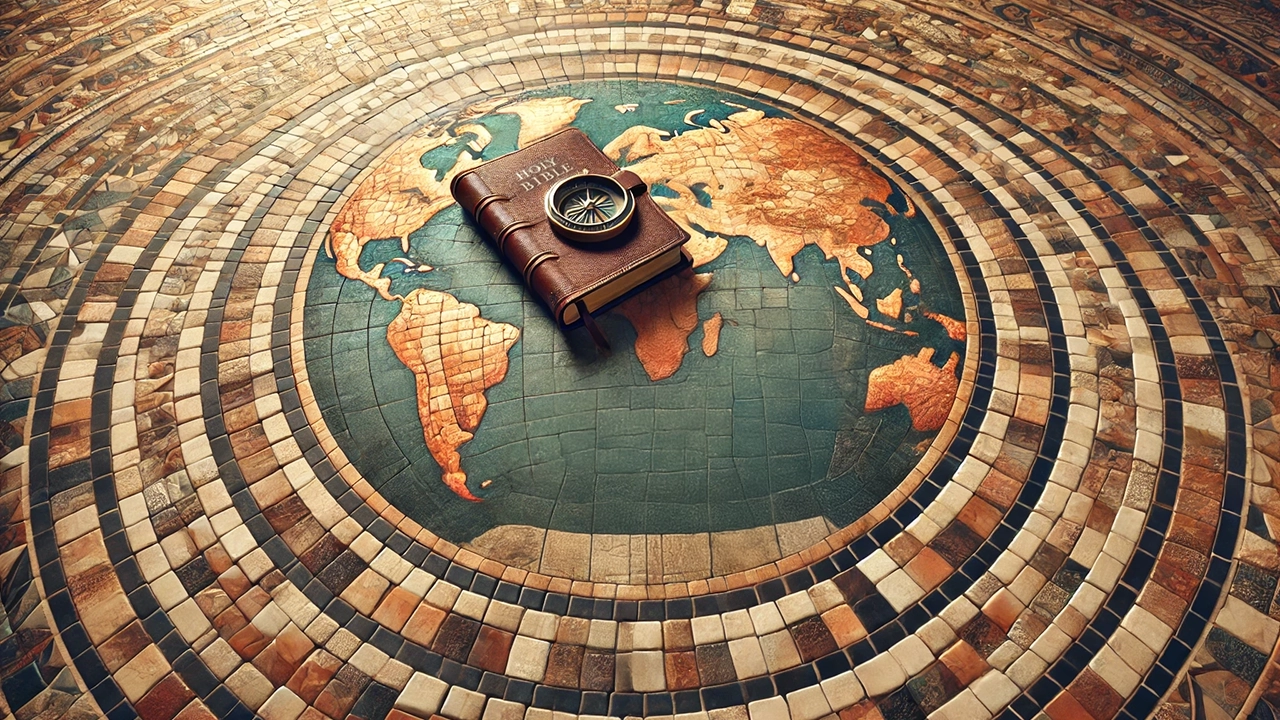 A mosaic style floor designed to look like a large circular map or globe in earth tones. In the center of this circular mosaic design. Design represents the search for the meaning of life and a coherent philosophy in life from a christian perspective.