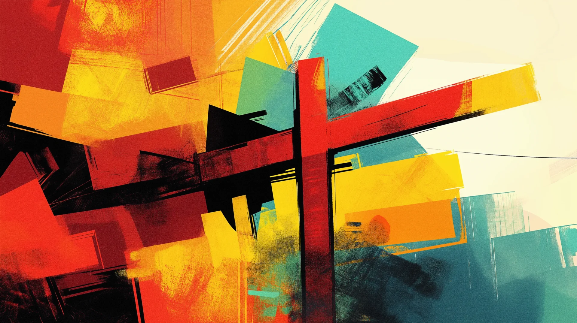 An abstract digital illustration featuring a vibrant cross surrounded by bold, colourful shapes in red, yellow, and teal, symbolising faith and spirituality in the pursuit of the meaning of life.