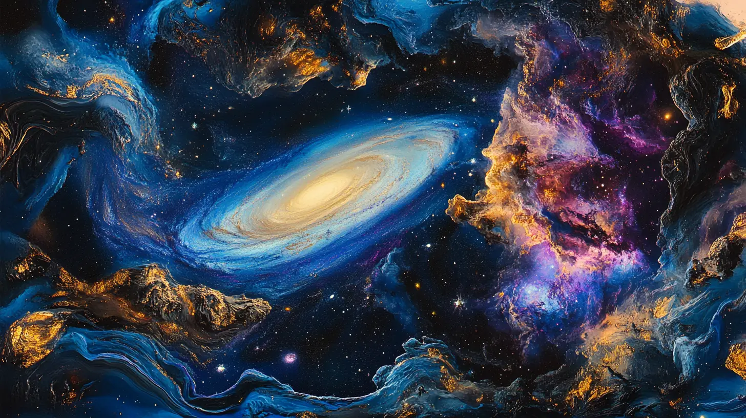 A vibrant cosmic scene featuring swirling, intermingled forms of deep blues, purples, and golds, with an expansive, detailed galaxy and nebula as the focal point.